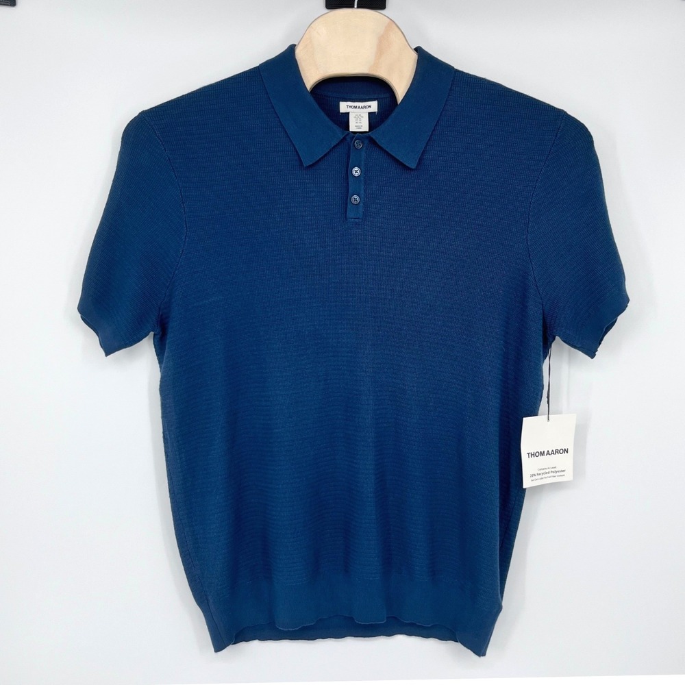 Thom Aaron Textured Knit Polo Shirt Mens XL Blue Short Sleeve Minimalist Preppy‎